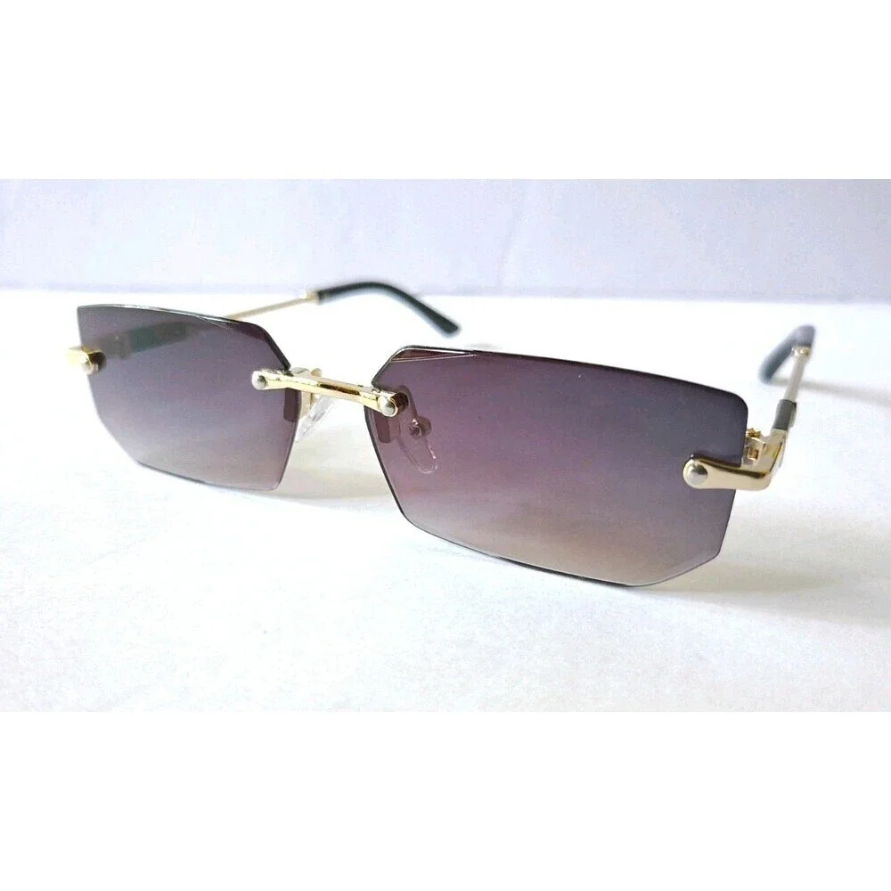 Rimless Sunglasses Purple Tinted Lenses Gold Frame